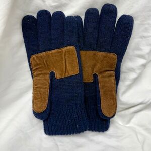 Berkshire Fashions Chic Navy Blue Wool Blend Knit Gloves Brown Suede Palm‎ Patch